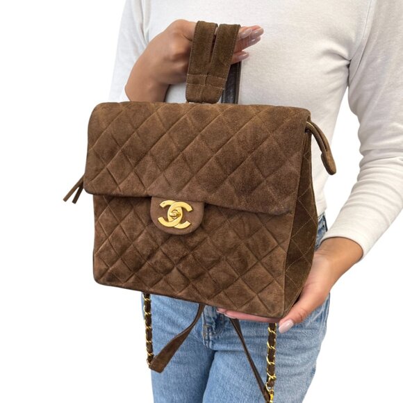 CHANEL Vintage CC Logo Suede Matelasse Backpack Bag Turn Rock Brown  [106046] - Picture 2 of 15